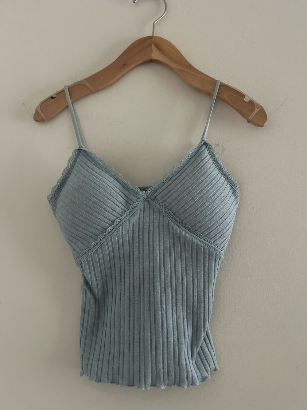 Light Blue Ribbed Lace Trim Padded Cami Tank Top Sz S